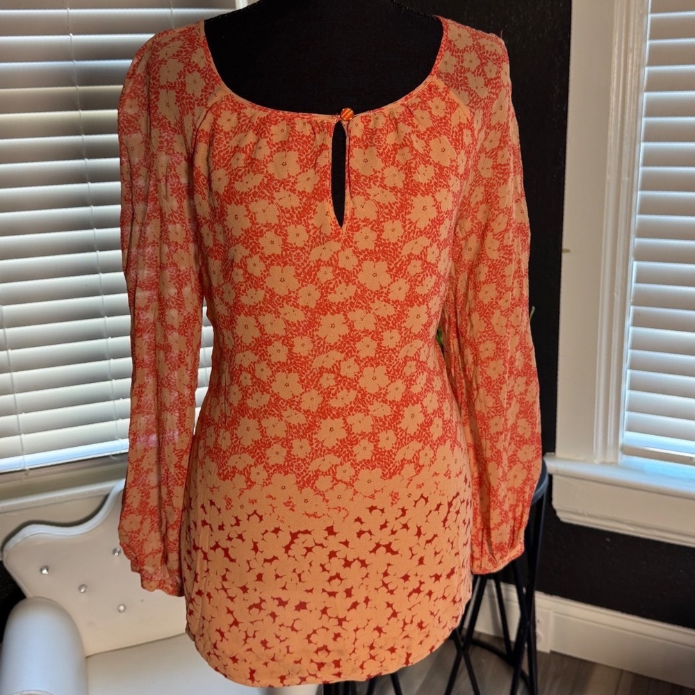 Tory Burch Orange Floral Silk Keyhole Tunic Top Size 6 Long Sleeve Blouse